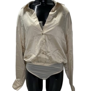 NEW MARCIANO Women’s Sky Satin Long-Sleeve Button-Up Bodysuit – Neutral Beige 10